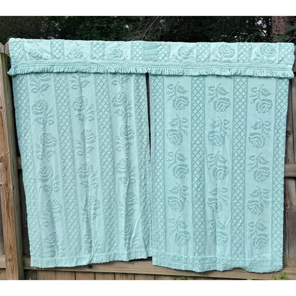 Vtg Hobnail Rose Chenille Curtains Drapes Light Aqua Blue Cottage Grannycore